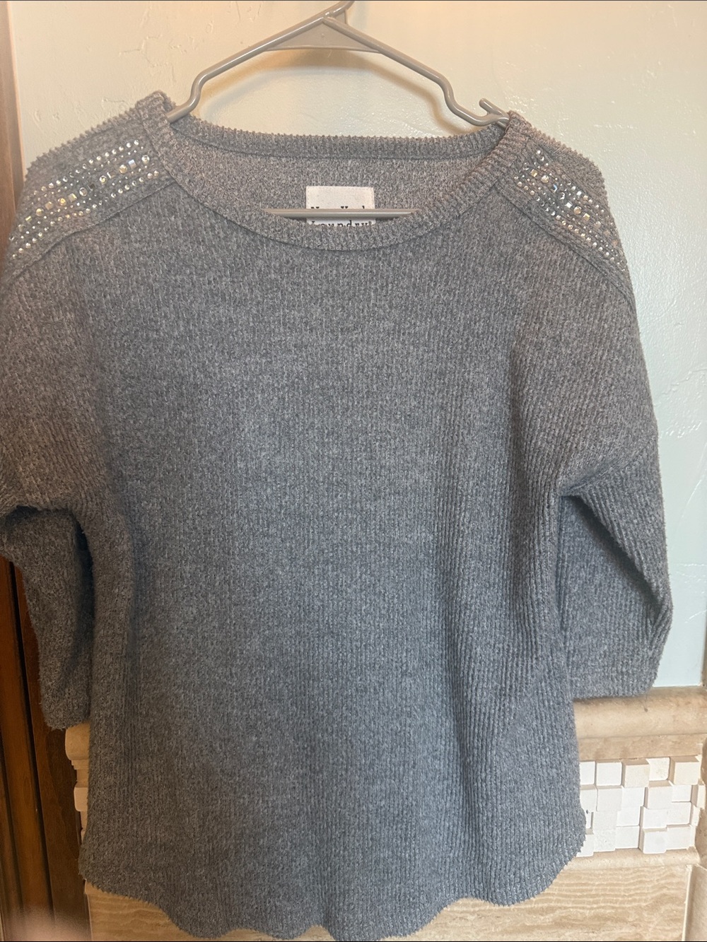 New York Laundry Gray Crewneck Sweater with Shoulder Embellishments